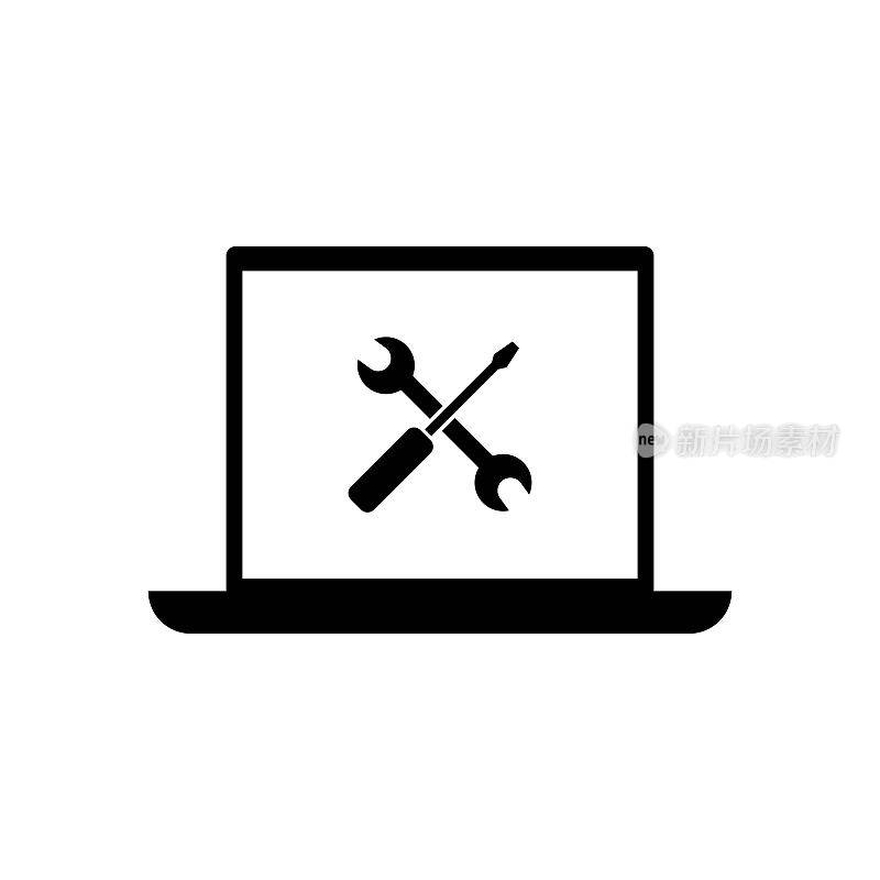 屏幕上有维修或螺丝刀和扳手标志的笔记本电脑。笔记本维修服务标志。计算机服务、维护、技术支持。适用于:插图，信息图表，logo, web, ui。向量EPS 10